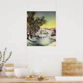 アイススケーター凍ってい付きの湖ヴィンテージクリスマス ポスター (キッチン)