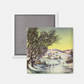 アイススケーター凍ってい付きの湖ヴィンテージクリスマス マグネット (正面/裏面)