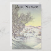 アイススケーター凍ってい付きの湖ヴィンテージクリスマス 便箋 (正面/裏面)