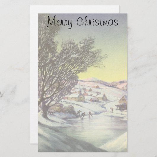 アイススケーター凍ってい付きの湖ヴィンテージクリスマス 便箋 (正面/裏面)