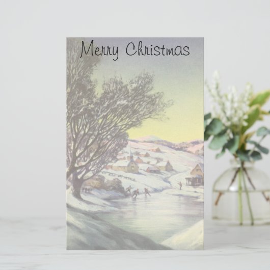 アイススケーター凍ってい付きの湖ヴィンテージクリスマス 便箋 (スタンド正面)