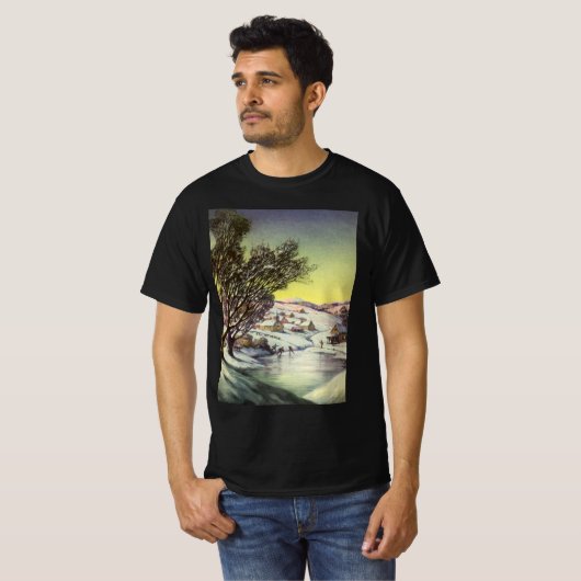 アイススケーター凍ってい付きの湖ヴィンテージクリスマス Tシャツ (正面フル)
