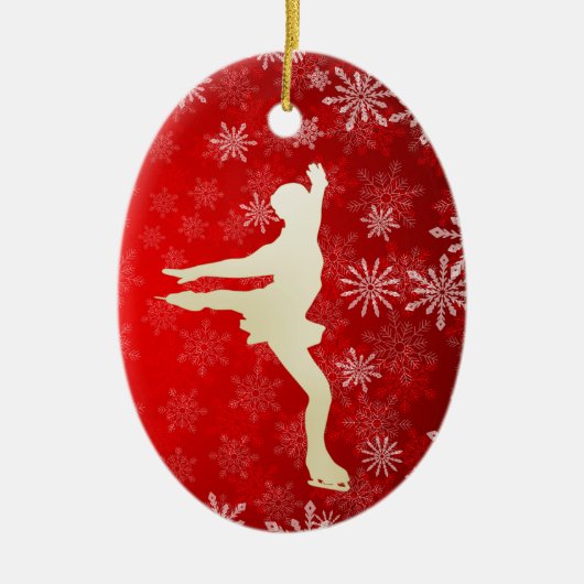 アイススケーター金ゴールドの雪の結晶が鮮やかな赤 セラミックオーナメント (正面)