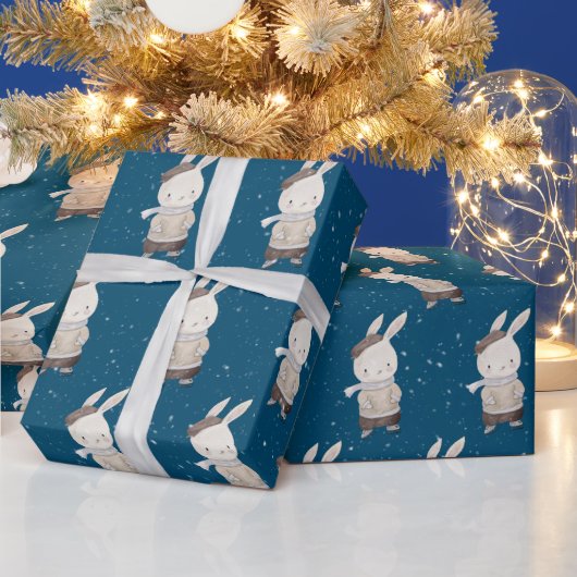 アイススケートができるかわいいウサギ ラッピングペーパー (クリスマス)