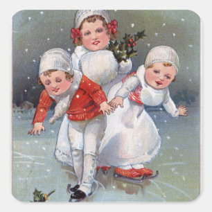 アイススケートしているChristmasLittleのメリーな子供 スクエアシール