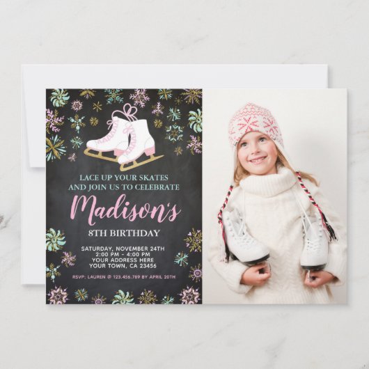 アイススケートします、写真が付いている冬の不思議の国 招待状 (正面)