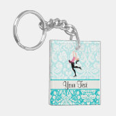 アイススケートするティール（緑がかった色）のダマスク織パターン キーホルダー (正面左)
