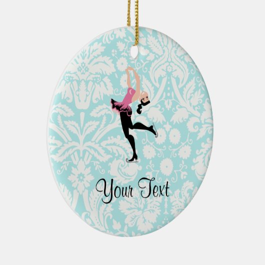 アイススケートするティール(緑がかった色)のダマスク織パターン セラミックオーナメント (右)