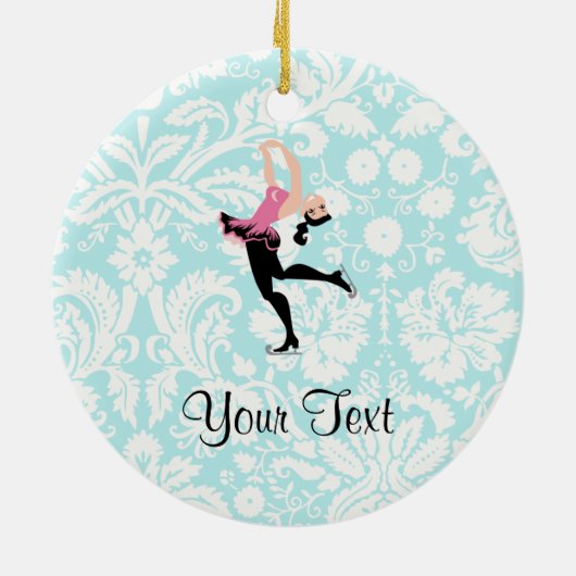 アイススケートするティール(緑がかった色)のダマスク織パターン セラミックオーナメント (裏面)