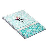 アイススケートするティール(緑がかった色)のダマスク織パターン ノートブック (右側)