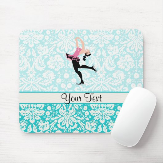 アイススケートするティール(緑がかった色)のダマスク織パターン マウスパッド (マウス)