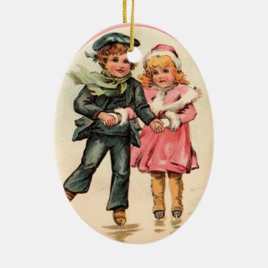 アイススケートする及び手を握るヴィンテージのカップル セラミックオーナメント (裏面)