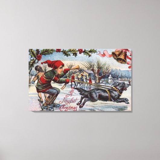 アイススケートで子どもを引っ張る犬 キャンバスプリント (正面)