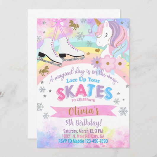 アイススケートで滑るとユニコーンの女の子の誕生日の招待。 招待状 (正面/裏面)