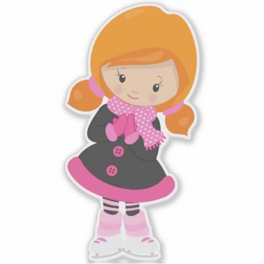 アイススケートで滑るの女の子、かわいい女の子、オレンジの髪、スカーフ シール (正面)