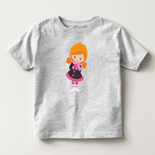 アイススケートで滑るの女の子、かわいい女の子、オレンジの髪、スカーフ トドラーTシャツ (正面)