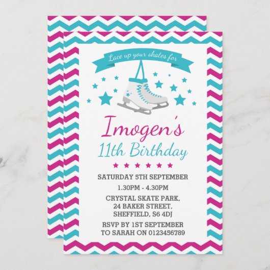 アイススケートで滑るをテーマにした誕生日パーティーの招待状 招待状 (正面/裏面)