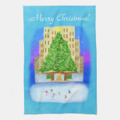 アイススケートで滑るアットロックフェラーセンター キッチンタオル (縦)