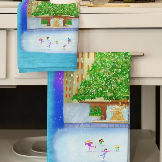 アイススケートで滑るアットロックフェラーセンター キッチンタオル