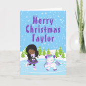 アイススケートで滑るアフリカンアメリカンガールメリークリスマス シーズンカード (正面)