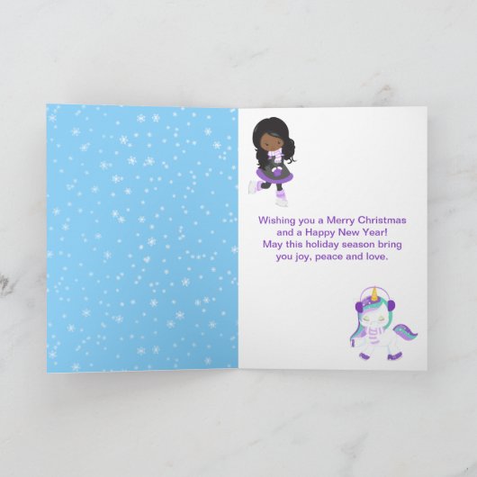 アイススケートで滑るアフリカンアメリカンガールメリークリスマス シーズンカード (内部)