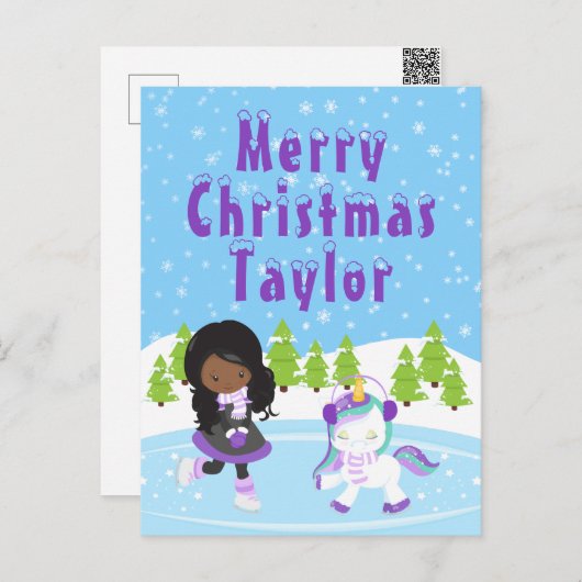 アイススケートで滑るアフリカンアメリカンガールメリークリスマス シーズンポストカード (正面/裏面)