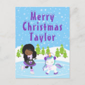 アイススケートで滑るアフリカンアメリカンガールメリークリスマス シーズンポストカード (正面)