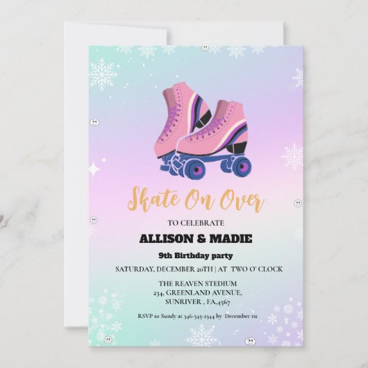 アイススケートで滑るウィンターツイン誕生日スケートオン 案内状 (正面)