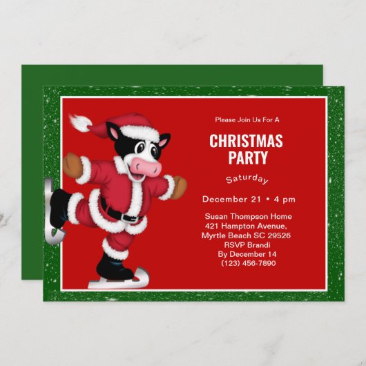 アイススケートで滑るカウクリスマスパーティの招待状 招待状 (正面/裏面)