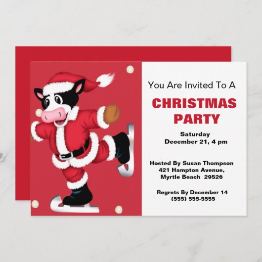 アイススケートで滑るカウクリスマスパーティの招待状 招待状 (正面/裏面)
