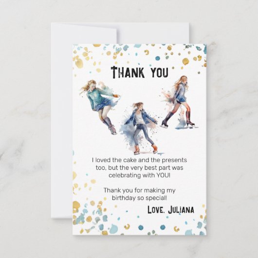 アイススケートで滑るガールズウィンターバースデーパーティー サンキューカード (正面)