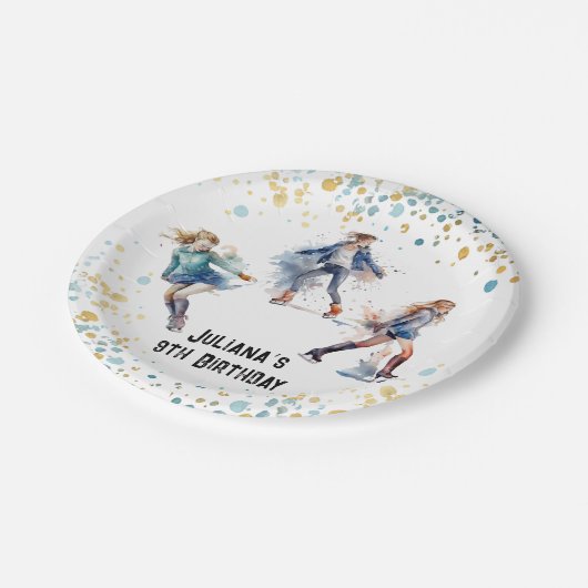 アイススケートで滑るガールズウィンターバースデーパーティー ペーパープレート (アングル)