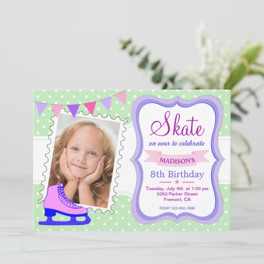 アイススケートで滑るガールズフォトバースデーパーティーへの招待 招待状 (スタンド正面)