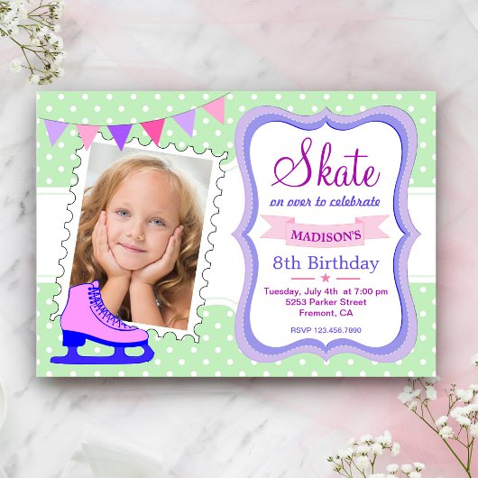 アイススケートで滑るガールズフォトバースデーパーティーへの招待 招待状