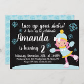 アイススケートで滑るガールズ誕生日ブルースノーフレークパーティー 招待状 (正面/裏面)