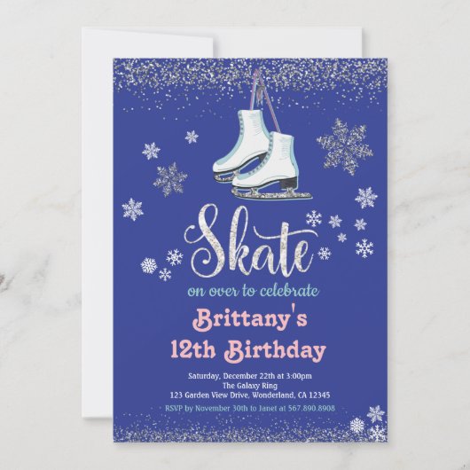 アイススケートで滑るガールバースデーパーティーの招待 (正面)