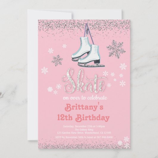 アイススケートで滑るガールバースデーパーティーの招待 (正面)