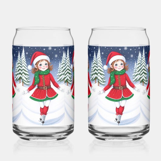 アイススケートで滑るガール小妖精や小人飲み物用品セット ガラス缶 (左)