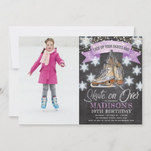 アイススケートで滑るガール誕生日写真パーソナライズされた 招待状 (正面)
