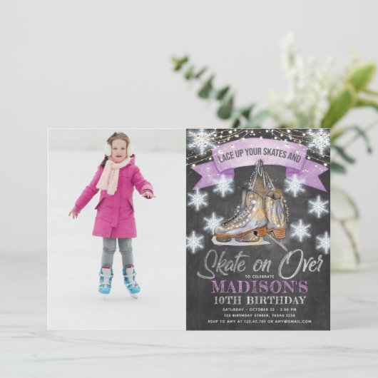 アイススケートで滑るガール誕生日写真パーソナライズされた 招待状 (スタンド正面)