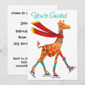 アイススケートで滑るキリンとスカーフ招待状 招待状 (正面/裏面)