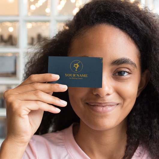 アイススケートで滑るコーチネイビーブルー&金ゴールド 名刺