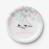 アイススケートで滑るスノーフレークスピンクブルーシルバーグリッターPa ペーパープレート (正面)