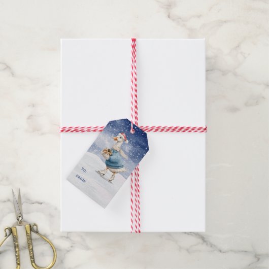 アイススケートで滑るダックギフトラベル ギフトタグ (より糸付き)