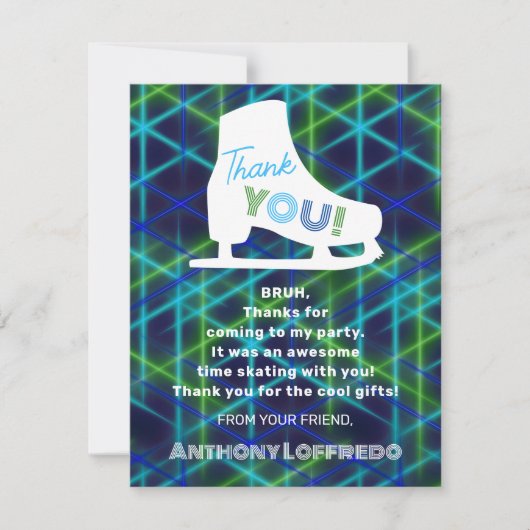 アイススケートで滑るネオングローボーイズ誕生日パーティー サンキューカード (正面)