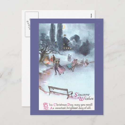 アイススケートで滑るバイムーンライトヴィンテージクリスマス シーズンポストカード (正面/裏面)
