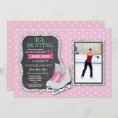 アイススケートで滑るバースデーパーティピンクフォトスケート招待状 招待状 (正面/裏面)