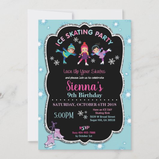アイススケートで滑るバースデーパーティーガールズスノーフレーク 招待状 (正面)