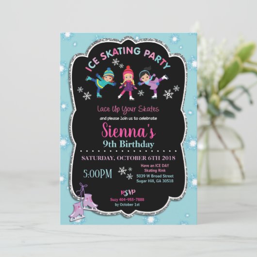 アイススケートで滑るバースデーパーティーガールズスノーフレーク 招待状 (スタンド正面)