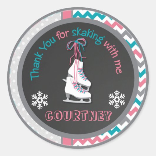 アイススケートで滑るバースデーパーティーサンキューユユーメッセージカード ラウンドシール (正面)